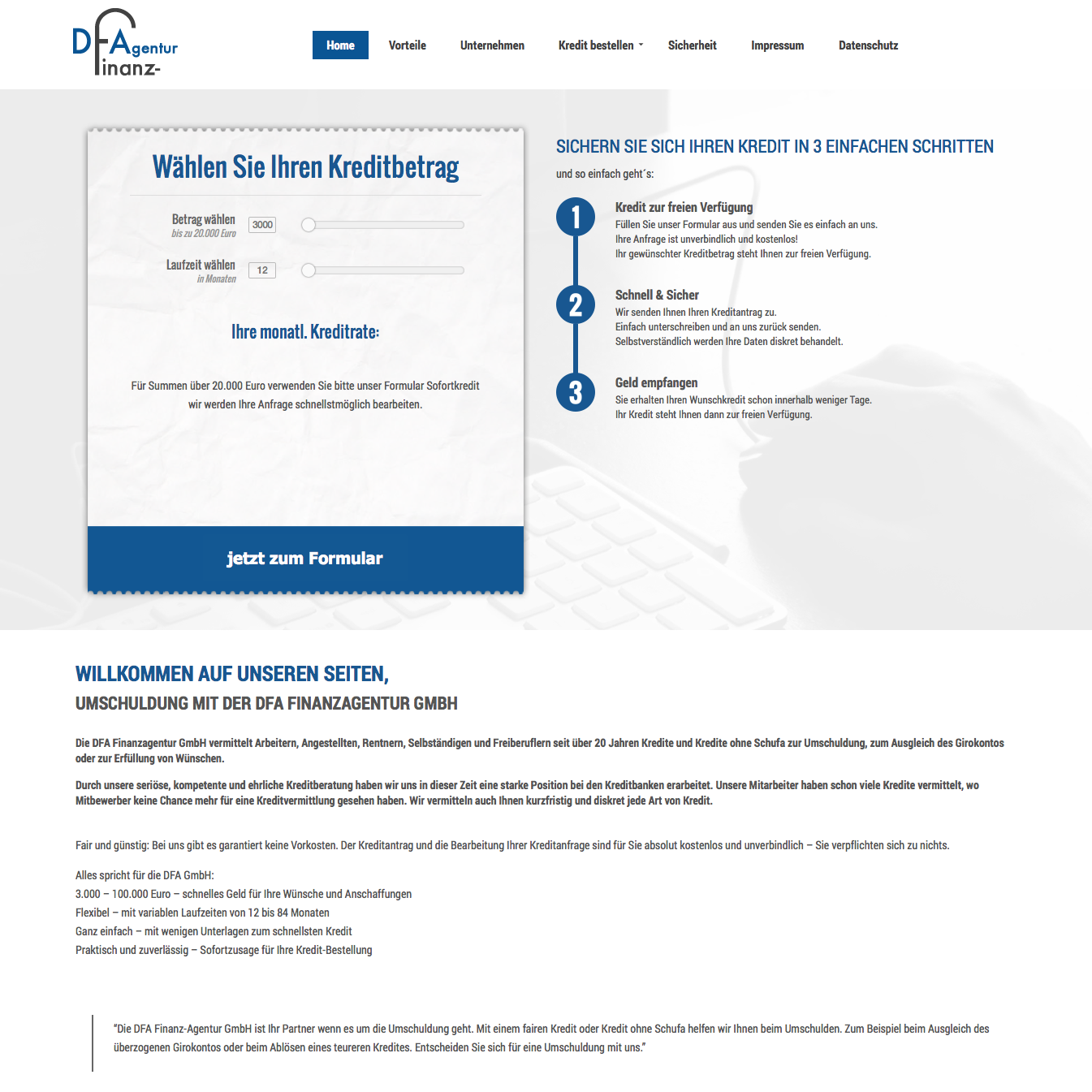 Die Homepage der DFA Finanz-Agentur GmbH